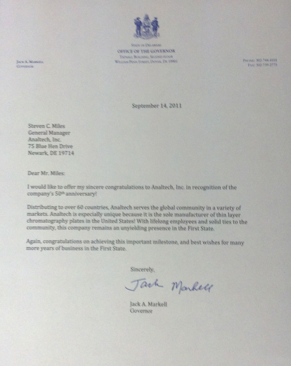 letter from Governor Markell